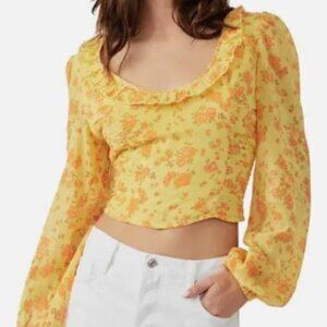 Free People Yellow Floral Print Blouse Ruffles Ruching Balloon Sleeve Small NWT